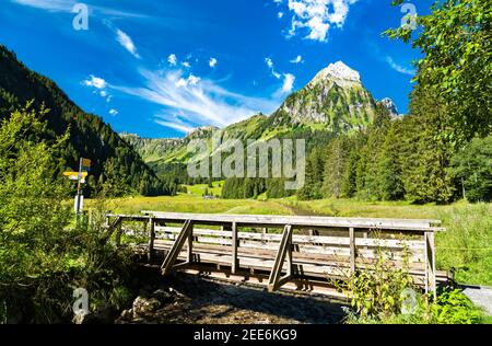 Brücke über den Sulzback Bach im Oberseetal in der Schweiz Alpen Stockfoto