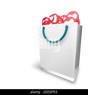 Weiße Papiertüte voller roter Kreise und weißem Herzen mit dem I LOVE Symbol auf weißem Hintergrund. 3D Abbildung Stockfoto