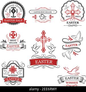 Osterverkauf und Premium-Qualität Abzeichen Set. Osterkreuz, Kruzifix und Taubenvogel rot und schwarz Symbole mit Band Banner und blüht. Spring Holida Stock Vektor