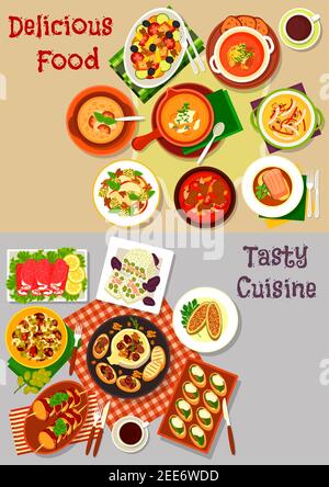 Salat-, Snack- und Suppengerichte Icon-Set aus Gemüse- und Obstsalaten, Schinkenrollen, gebackenem Käse und Fisch, Gemüse, Fleisch, Brot und Meeresfrüchte-Suppe, Schweinefleisch SA Stock Vektor