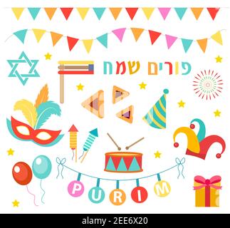 Happy Purim Karneval Set von Design-Elementen, Ikonen. Purim jüdischen Feiertag, isoliert auf weißem Hintergrund. Vektorgrafik Clip-Art Stock Vektor