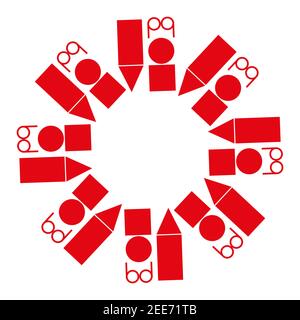 Zufällige rote Formen nahtloses Muster mit Quadraten, Dreiecken und Kreisen. Stock Vektor