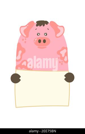 Niedliche Cartoon Schwein Piggy Tier halten Tag Zeichen mit Kopierraum. Set Grußkarte Banner Einladung Flyer Broschüre. Cartoon Hand gezeichnet Stil. Kleines p Stock Vektor