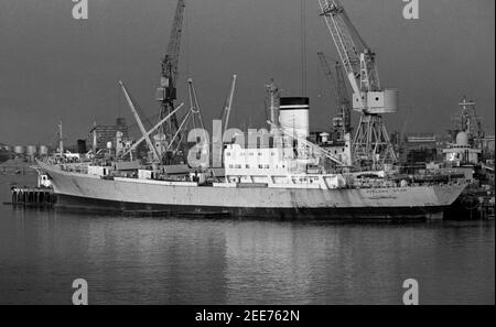 AJAXNETPHOTO. 30TH MAY1982. PORTSMOUTH, ENGLAND - FALKLANDINSELN ABFAHRT. FRACHTSCHIFF AVELONA STAR REQUIRIERT VON MOD LÄDT FRACHT AUF DEM MARINESTÜTZPUNKT PORTSMOUTH. FOTO: JONATHAN EASTLAND/AJAX REF:823005 19 Stockfoto