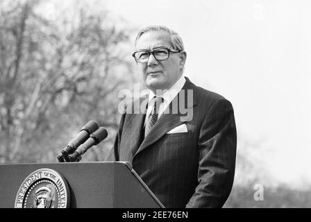 Der britische Premierminister James Callaghan während seiner Rede im Weißen Haus, Washington, D.C., USA, Marion S. Trikosko, 10. März 1977 Stockfoto