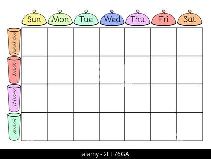 Wochenmenü A4 druckbare Planner-Vorlage. Essenskalender leer mit Tellern und Gläsern. Undatiert wöchentlicher Vektorkalender. Stock Vektor