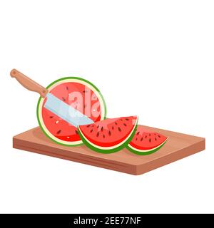 Wassermelone isometrisch 3D hacken mit Kochmesser auf Holzbrett schneiden, Wassermelonenscheiben Stock Vektor