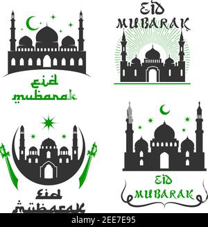 Eid Mubarak Grüße Set von Moschee, Halbmond und funkelnden Stern, Schwerter oder Säbel und arabische Kalligraphie für islamische oder muslimische traditionelle Relig Stock Vektor