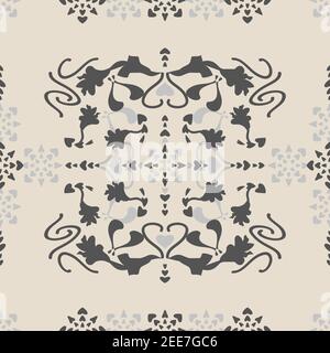 Nahtloses Muster floral mit Lilienblumen und Herzen. Cremefarbenes Elfenbein und Grau. Vektor. Stock Vektor