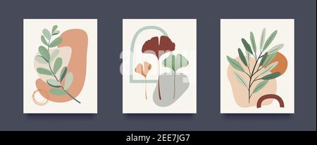 Blumendesign Minimalistischen Abstrakten Hintergrund-Set. Hand ertränkt abstrakt farbige Formen, Linie Kunst, tropische Blätter. Vektorgrafik Stock Vektor