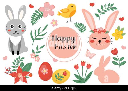 Frohe Ostern niedliches Set mit Osterhasen, Kaninchen, Eier, Blumen. Hallo Frühling Set Icons, Objekte. Vektorgrafik Stock Vektor