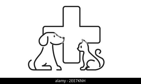 Schwarz-Weiß-Vet-Symbol mit einem Hund, einer Katze und einem Kreuz. Vektor isoliert Illustration eines Vet-Symbols Stock Vektor