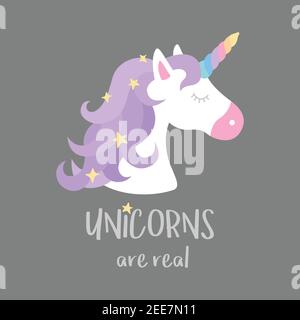 Unicorns sind echte Zitat, Vektor Illustration Symbol. Niedliche bunte Einhorn Grafik-Druck isoliert auf grauem Hintergrund. Stock Vektor