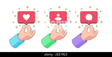 Human Cartoon Hand gibt weg Blase Benachrichtigung mit wie, Follower und Kommentar-Symbol. Soziale Netzwerke informieren über neue „Gefällt mir“-Angaben, Follower und Kommentare Stock Vektor
