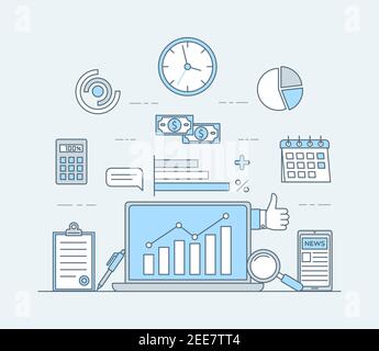 Online-Investment-Anwendung Vektor Cartoon Illustration. Laptop-Bildschirm mit aufsteigenden Balkendiagrammen, Diagrammen, Geld, Papieren und Geschäftssymbolen. Business Investing, Banking, Finanzanalyse. Stock Vektor