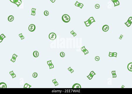 Grüne Münzen und Bargeld Vektor flache Abbildung isoliert auf grünem Hintergrund. Finanzieller Erfolg, Investitionen, Bankwesen, Wohlbefinden steigt, Gehalt oder Einkommen Hintergrundkonzept. Stock Vektor