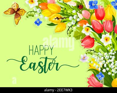 Ostereier und Blumen für Ostern Gruß von Eiern und Frühling Blumenstrauß von Tulpen, Schneeglöckchen und Maiglöckchen. Vektor Ostern Karte templ Stock Vektor