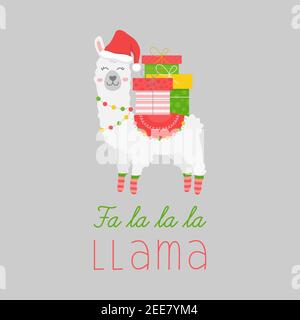 Weihnachten Lama Vektor Illustration. Festliche, saisonale, Urlaub niedlichen Lama-Design mit Schrift, Zitat Fa la la llama. Isolierte Cartoon Grafik prin Stock Vektor