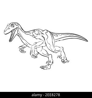 Velociraptor Dinosaurier Cartoon lineare Skizze für Malbuch isoliert auf weißem Hintergrund. Vektorgrafiker Stock Vektor