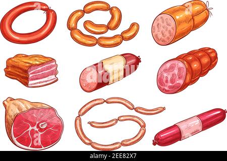 Fleisch und Wurst bbq Produkt Icon Set. Rindfleisch und Schweinefleisch Wurst, Schinken, Salami, Speck, geräucherte frankfurter, Gammon und Huhn bologna isolierte Skizze für r Stock Vektor