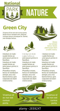 Grüne Stadt und Natur Vektor-Poster für Öko-Gartenbau oder städtischen Gartenbau und Pflanzung Unternehmen. Design von grünen Dorf und Parklandschaft oder Wald tre Stock Vektor