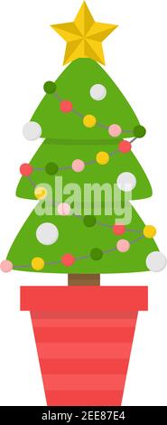 Weihnachtsbaum Vektorgrafik. Festlich, saisonal, Urlaub niedlich Weihnachten geschmückt Baum mit Lichtern und Ornamenten in roten Topf. Isolierte Cartoon-Grafik Stock Vektor