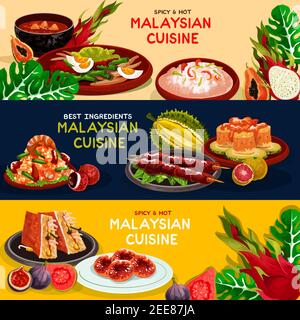 Malaysische Küche Restaurant besten Angebot Banner-Set. Gegrilltes Hähnchen, Risotto mit Meeresfrüchten, gebratener Reis, Gemüse- und Fischsalat, Papaya-Suppe, gefüllter Tofu Stock Vektor