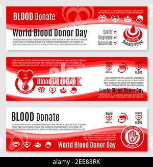 World Donor Day of Blood Donation Vektor-Banner für medizinische Gruppe oder Bluttransfusionszentrum gesetzt. Design für soziale Freiwilligenarbeit Veranstaltung mit sym Stock Vektor