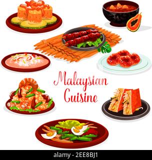 Malaysische Küche Restaurant-Menü mit traditionellen asiatischen Speisen. Gebratener Reis mit Garnelen und grünen Bohnen, Meeresfrüchte-Risotto, gegrilltes Huhn, gefüllte Tofu, Stock Vektor