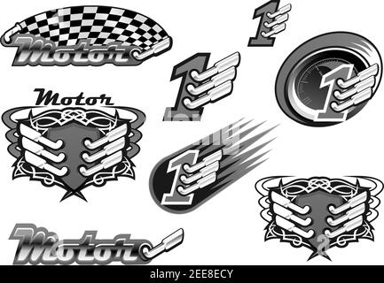 Autorennen oder Motorsport-Rennen Vektor-Symbole von Motor und karierten Rallye-Flagge und Nummer eins Meisterschaft Gewinner oder Turniersieg Symbol. Isola Stock Vektor