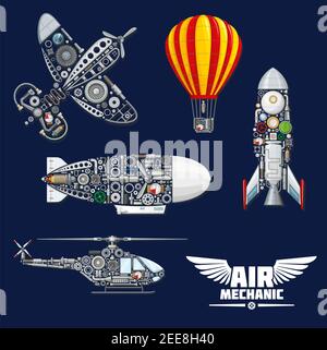 Luftmechanik Vektor Flugzeuge und Mechanismen. Konstruktionsteile, Motoren oder Zahnräder, Lehren und Schraubenmuttern Elemente von Flugzeug, Heißluftballon, Hel Stock Vektor