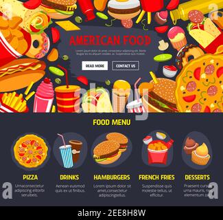Fast Food Restaurant Website oder Landing Page Vektor-Design. Fastfood-Menü mit Burgern und Hot Dogs, Pizza und Cheeseburger-Sandwich oder Limonaden, Fr. Stock Vektor