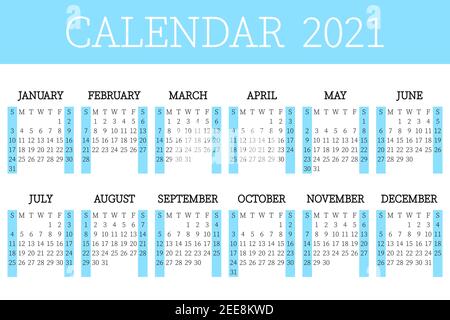2021 Kalenderplaner. Сorporate Woche. Vorlagenlayout, 12 Monate jährlich, weißer und blauer Hintergrund. Einfaches Design für Business-Broschüre, Flyer Stock Vektor