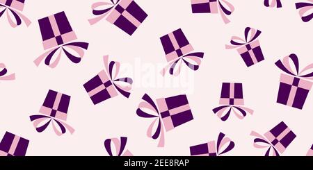 Nahtloses Muster mit rosa und violetten Geschenkschachteln isoliert auf rosa Hintergrund. Vektorgrafik Stock Vektor