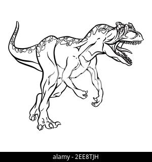 Allosaurus Dinosaurier Cartoon lineare Skizze für Malbuch isoliert auf weißem Hintergrund. Vektorgrafik Stock Vektor
