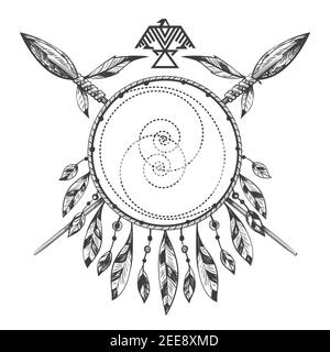 Native Americans Hand Drawn Tattoo. Gekreuzte Speere, Symbol von Adler und KriegerTambourin. Vektorgrafik. Stock Vektor