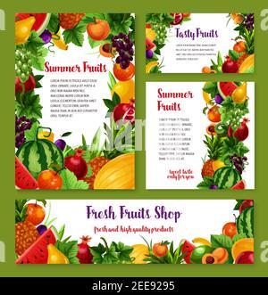 Fresh Fruits Vektor Banner und Poster für Obstladen. Ernte von Wassermelone und Pfirsich, tropische Ananas und exotische Kiwi, Aprikose oder Apfel und Pome Stock Vektor