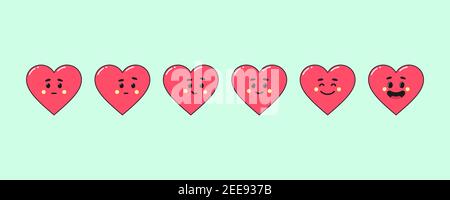 Set von Cartoon roten Herzen mit Gesichtsausdrücke. Sequenz von Kawaii Herz-Charaktere mit wachsender Freude, toon niedlichen Icons für Social Media-Netzwerke. Inkr Stock Vektor