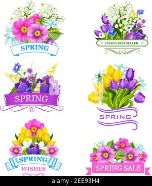 Frühlingsblumen Symbole. Vector Frühling floral Bündel für Promo Verkauf Design. Blühende Krokussen oder Maiglöckchen, Rosen und Tulpenblüten, Narzissen Stock Vektor