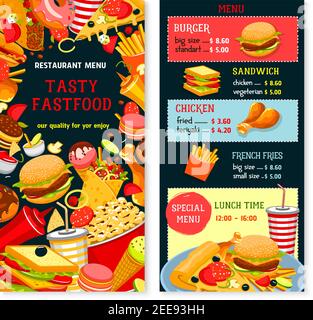 Fastfood-Vektormenü mit kombinierter Mittagszeit. Fastfood Snacks, Getränke und Mahlzeiten von Hamburgern pommes Frites mit Cheeseburger oder Hot Dog und Pizza Stock Vektor