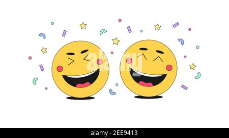 Spaß, Freude und Humor mit Comic Emoji Charakter. Cartoon lachende Emoticons mit fröhlicher Stimmung unter Konfetti. Witziger Witz, festliche Party, positiv Stock Vektor