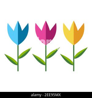 Drei Tulpen - rosa, blau und gelb mit grünen Blättern. Florale Design-Elemente für März 8 Happy Womens Day. Vektor-Illustration in einem flachen Stil isola Stock Vektor