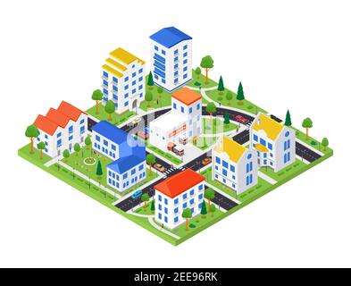 City District - moderne Vektor bunte isometrische Illustration. Stadtlandschaft mit Wohnhäusern, Feuerwache, Straße mit Autos, Bäumen. Immobilien Stock Vektor