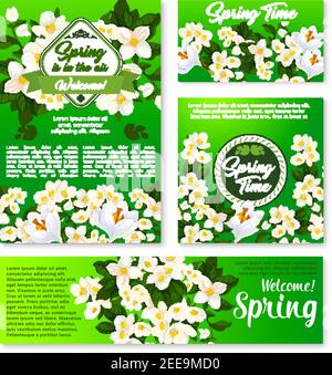 Frühling Blumenvorlage für Frühlingsferien Grußkarte, Poster und Banner. Weiße Blüten von Jasmin und Krokusblüten mit grünem Blatt und Brac Stock Vektor