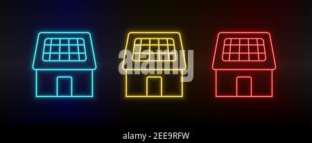 Neon Icon Set Solar, Haus, Ladegerät. Set von roten, blauen, gelben Neon-Vektor-Symbol Stock Vektor