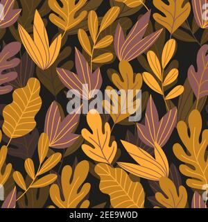 Florales Nahtloses Muster mit bunten exotischen Blättern auf dunklem Hintergrund. Tropic Branches. Mode Vektor Stock Illustration für Tapete, Poster, Karte Stock Vektor
