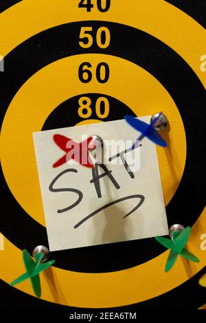 Eine Dartscheibe mit mehreren Pfeilen. Der rote Pfeil trifft das Bullseye. Eine Anmerkung, die besagt, dass SAT unter der Gewinnerarrrow ist. Hochschulzugang, Test p Stockfoto