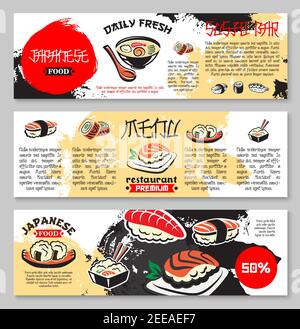 Japanische Meeresfrüchte-Restaurant oder Sushi-Bar-Menü Banner. Vektor-Design von Fisch Sushi und Brötchen, Nudeln mit Tofu und Algen, orientalische würzige Miso-Suppe, Stock Vektor