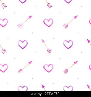 Valentinstag Nahtloses Muster mit Herzen und schröpfigen Pfeilen in rosa und lila Farben. Aquarelldarstellung. Festlich-romantisches Dessin. Stockfoto