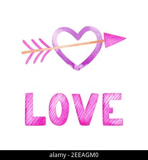 Valentinstag Aquarell Set. Herz durchbohrt von einem Pfeil und der Inschrift Love in rosa Farben. Festliche romantische Cliparts. Stockfoto